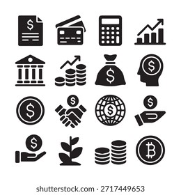 Conjunto de iconos de finanzas. Para el hombre de negocios, análisis, estadísticas, gráficos, tablero de instrumentos, informes, visualización, negocios, tecnología, gráfico de crecimiento, gestión de dinero.
