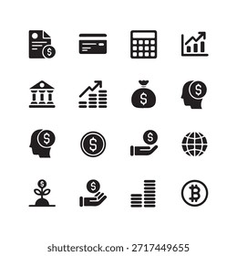 Conjunto de iconos de finanzas. Para el hombre de negocios, análisis, estadísticas, gráficos, tablero de instrumentos, informes, visualización, negocios, tecnología, gráfico de crecimiento, gestión de dinero.
