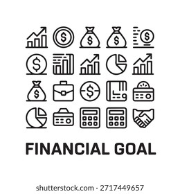 Conjunto de iconos de finanzas. Para el hombre de negocios, análisis, estadísticas, gráficos, tablero de instrumentos, informes, visualización, negocios, tecnología, gráfico de crecimiento, gestión de dinero.
