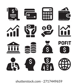 Conjunto de iconos de finanzas. Para el hombre de negocios, análisis, estadísticas, gráficos, tablero de instrumentos, informes, visualización, negocios, tecnología, gráfico de crecimiento, gestión de dinero.
