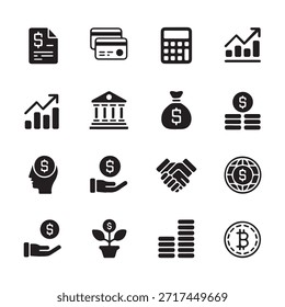 Conjunto de iconos de finanzas. Para el hombre de negocios, análisis, estadísticas, gráficos, tablero de instrumentos, informes, visualización, negocios, tecnología, gráfico de crecimiento, gestión de dinero.
