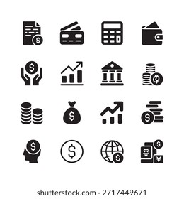 Conjunto de iconos de finanzas. Para el hombre de negocios, análisis, estadísticas, gráficos, tablero de instrumentos, informes, visualización, negocios, tecnología, gráfico de crecimiento, gestión de dinero.
