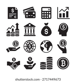 Conjunto de iconos de finanzas. Para el hombre de negocios, análisis, estadísticas, gráficos, tablero de instrumentos, informes, visualización, negocios, tecnología, gráfico de crecimiento, gestión de dinero.
