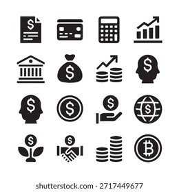 Conjunto de iconos de finanzas. Para el hombre de negocios, análisis, estadísticas, gráficos, tablero de instrumentos, informes, visualización, negocios, tecnología, gráfico de crecimiento, gestión de dinero.
