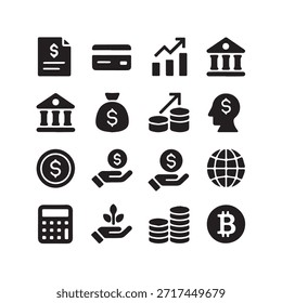 Conjunto de iconos de finanzas. Para el hombre de negocios, análisis, estadísticas, gráficos, tablero de instrumentos, informes, visualización, negocios, tecnología, gráfico de crecimiento, gestión de dinero.
