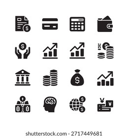 Conjunto de iconos de finanzas. Para el hombre de negocios, análisis, estadísticas, gráficos, tablero de instrumentos, informes, visualización, negocios, tecnología, gráfico de crecimiento, gestión de dinero.

