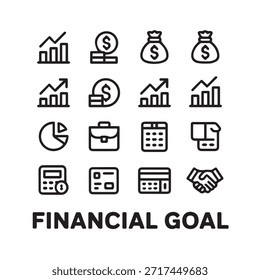 Conjunto de iconos de finanzas. Para el hombre de negocios, análisis, estadísticas, gráficos, tablero de instrumentos, informes, visualización, negocios, tecnología, gráfico de crecimiento, gestión de dinero.
