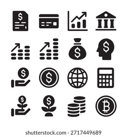 Conjunto de iconos de finanzas. Para el hombre de negocios, análisis, estadísticas, gráficos, tablero de instrumentos, informes, visualización, negocios, tecnología, gráfico de crecimiento, gestión de dinero.
