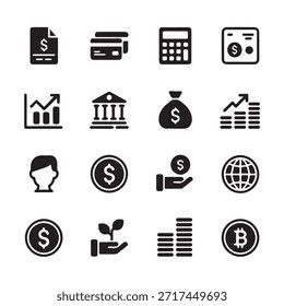 Conjunto de iconos de finanzas. Para el hombre de negocios, análisis, estadísticas, gráficos, tablero de instrumentos, informes, visualización, negocios, tecnología, gráfico de crecimiento, gestión de dinero.

