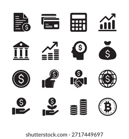 Conjunto de iconos de finanzas. Para el hombre de negocios, análisis, estadísticas, gráficos, tablero de instrumentos, informes, visualización, negocios, tecnología, gráfico de crecimiento, gestión de dinero.

