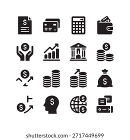 Conjunto de iconos de finanzas. Para el hombre de negocios, análisis, estadísticas, gráficos, tablero de instrumentos, informes, visualización, negocios, tecnología, gráfico de crecimiento, gestión de dinero.
