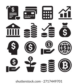 Conjunto de iconos de finanzas. Para el hombre de negocios, análisis, estadísticas, gráficos, tablero de instrumentos, informes, visualización, negocios, tecnología, gráfico de crecimiento, gestión de dinero.
