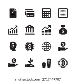Conjunto de iconos de finanzas. Para el hombre de negocios, análisis, estadísticas, gráficos, tablero de instrumentos, informes, visualización, negocios, tecnología, gráfico de crecimiento, gestión de dinero.
