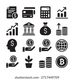 Conjunto de iconos de finanzas. Para el hombre de negocios, análisis, estadísticas, gráficos, tablero de instrumentos, informes, visualización, negocios, tecnología, gráfico de crecimiento, gestión de dinero.
