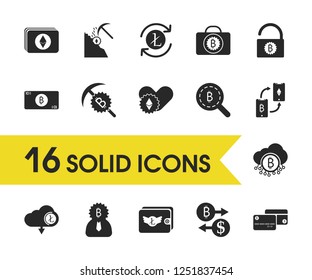 Finance icons set with cloud bitcoin, change currency and bitcoin cards elements. Set of finance icons and magnifying concept. Editable vector elements for logo app UI design.