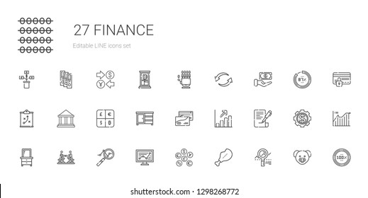 finance icons set. Collection of finance with analytics, supermarket, coins, line chart, agreement, drawer, contract, profits, credit card. Editable and scalable finance icons.