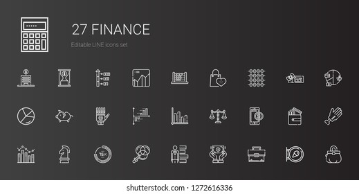 finance icons set. Collection of finance with briefcase, dollar, bar chart, color, percentage, strategy, online payment, balance, hand, piggy bank. Editable and scalable finance icons.
