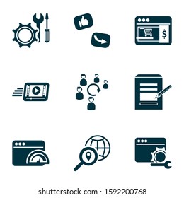 Finance icons set with contact form, landing page, audience engagement website performance elements. Isolated vector illustration finance icons.
