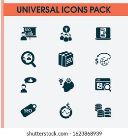 Finance icons set with creative idea, marketing strategy, SEO training and other database elements. Isolated vector illustration finance icons.