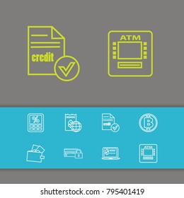 Finance icons set with cryptocurrency, virtual banking and payment secure elements. Set of finance icons and calculate concept. Editable vector elements for logo app UI design.