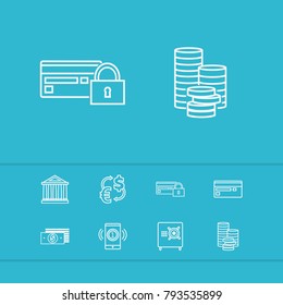 Finance icons set with currency exchange, credit card and deposit elements. Set of finance icons and cash concept. Editable vector elements for logo app UI design.