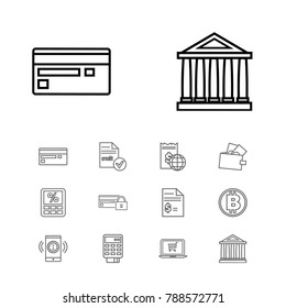 Finance icons set with ecommerce, cryptocurrency and payment secure elements. Set of finance icons and calculate concept. Editable vector elements for logo app UI design.