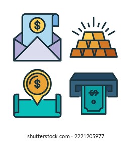Iconos financieros establecidos = correo electrónico, oro, pin, dinero. Perfecto para aplicaciones móviles web, iconos de aplicaciones, presentación, ilustración y cualquier otro proyecto