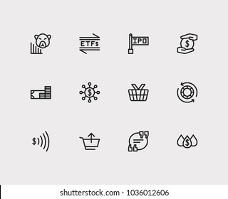 Finance icons set. Etfs and finance icons with hedge funds, blue chip stocks and quote. Set of elements including transaction for web app logo UI design.