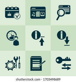 Finance icons set with events calendar, mixed content, time management and other arrow elements. Isolated vector illustration finance icons.