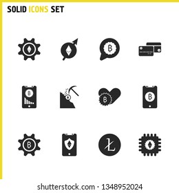 Finance icons set with extraction ethereum, love bitcoin and bitcoin cards elements. Set of finance icons and ltc concept. Editable vector elements for logo app UI design.