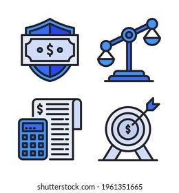 Finance icons set (Filled Line)  = money shield, balance, calculator, target. Perfect for website mobile app, app icons, presentation, illustration and any other projects.