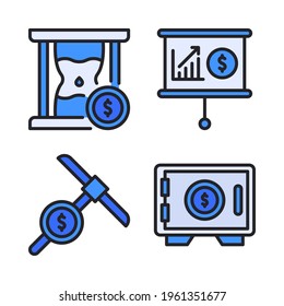 Finance icons set (Filled Line) = hourglass, presentation board, mining, safe box. Perfect for website mobile app, app icons, presentation, illustration and any other projects.