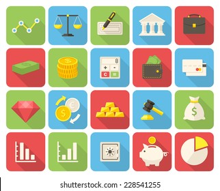 Finance icons set (flat design with long shadows)