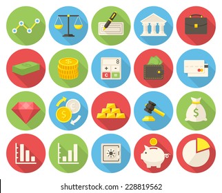 Finance icons set (flat design with long shadows)