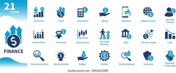 Iconos de finanzas. Conjunto de iconos planos en negocios, dinero, desarrollo, crecimiento, ganancias, inteligencia artificial, presupuesto, banca