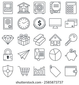 Finance icons set, Included icons as Bank Building, House, Wallet, Gold Bar and more symbols collection, logo isolated vector illustration