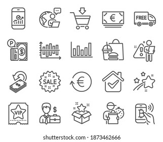 Finance icons set. Included icon as Loyalty program, Euro currency, Free delivery signs. Vip ticket, Sale, Businessman case symbols. Exchange currency, Bitcoin pay, Online market. Cashback. Vector