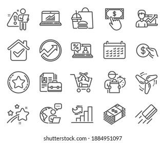 Finance icons set. Included icon as Calendar, Success business, Credit card signs. Loyalty star, Online loan, Audit symbols. Vacancy, Growth chart, Payment. Cross sell, Online statistics. Vector