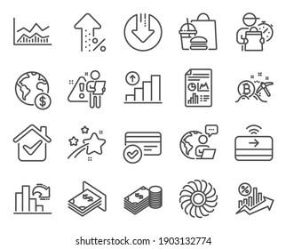 Finance icons set. Included icon as Download arrow, Global business, Atm money signs. Report document, Fan engine, Savings symbols. Decreasing graph, Trade infochart, Contactless payment. Vector