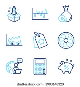 Finanz-Symbole gesetzt. Das Symbol wird als Start-, Stock-Analyse-, Loyalitäts-Tags-Zeichen hinzugefügt. Handelsdiagramm, Bargeld, Kreditsymbole. Rechner, Fan Engine Line Symbole. Innovation, Business Trade. Vektorgrafik