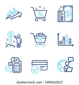 Finance icons set. Included icon as Add products, Income money, Growth chart signs. Loan percent, Payment methods, Bill accounting symbols. Payment, Diagram graph line icons. Line icons set. Vector