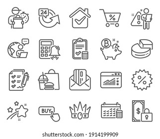 Finance icons set. Included icon as Bitcoin coin, Pie chart, Calculator alarm signs. 24 hours, Private payment, Accounting checklist symbols. Buy button, Crown, Special offer. Discount. Vector