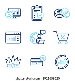 Finance icons set. Included icon as Savings, Checklist, Cashback signs. Crown, Bitcoin chart, Web traffic symbols. Update data, Special offer line icons. Cash coins, Survey. Line icons set. Vector