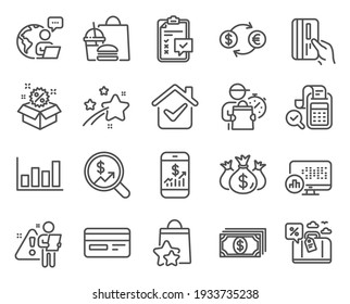 Finance icons set. Included icon as Sale, Payment card, Currency audit signs. Currency exchange, Travel loan, Credit card symbols. Loyalty points, Bill accounting, Check investment. Vector