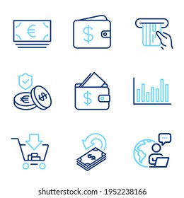 Finance Icons Set. Included Icon As Shopping, Credit Card, Dollar Wallet Signs. Bar Diagram, Savings Insurance, Cashback Symbols. Wallet, Euro Currency Line Icons. Add To Cart, Atm Payment. Vector