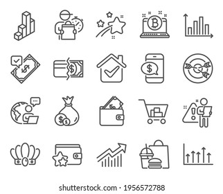 Finance icons set. Included icon as Bitcoin, 3d chart, Internet shopping signs. Crown, Accepted payment, Targeting symbols. Payment methods, Demand curve, Growth chart. Loyalty program. Vector