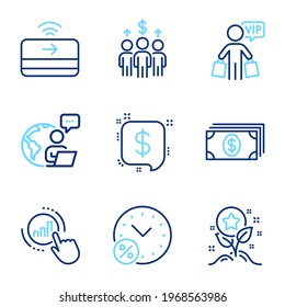 Finance icons set. Included icon as Banking, Loyalty points, Vip shopping signs. Loan percent, Meeting, Contactless payment symbols. Graph chart, Payment message line icons. Line icons set. Vector