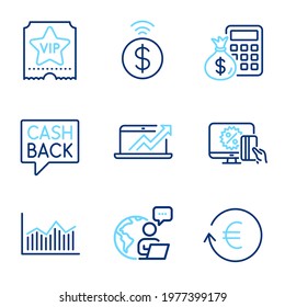 Finance icons set. Included icon as Money diagram, Vip ticket, Contactless payment signs. Exchange currency, Online shopping, Money transfer symbols. Finance calculator, Sales diagram. Vector