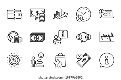 Finance icons set. Included icon as Online accounting, Payment, Payment methods signs. Loyalty points, Currency exchange, Loan percent symbols. Discount, Stock analysis, Budget line icons. Vector