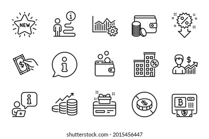 Juego de iconos de finanzas. Icono incluido como Descuento, Dinero de cartera, Signos de método de pago. Dinero de pago, Crecimiento de negocio, símbolos de atm de Bitcoin. Sin dinero, Excelencia operacional, Casa de préstamo. Gráfico de crecimiento. Vector